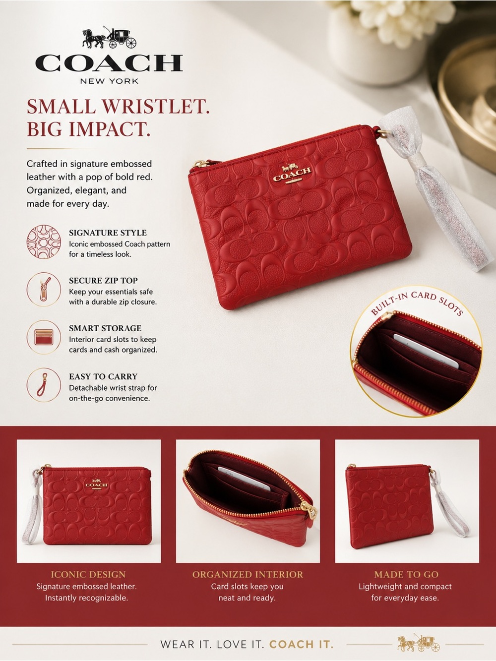 Coach Small Wristlet in Red - Signature Embossed Leather